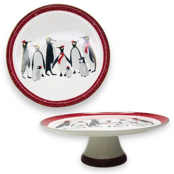 Portmeirion Sara Miller London Penguins Family Cake Stand Red Trim Footed 10.5” - Picture 1 of 11